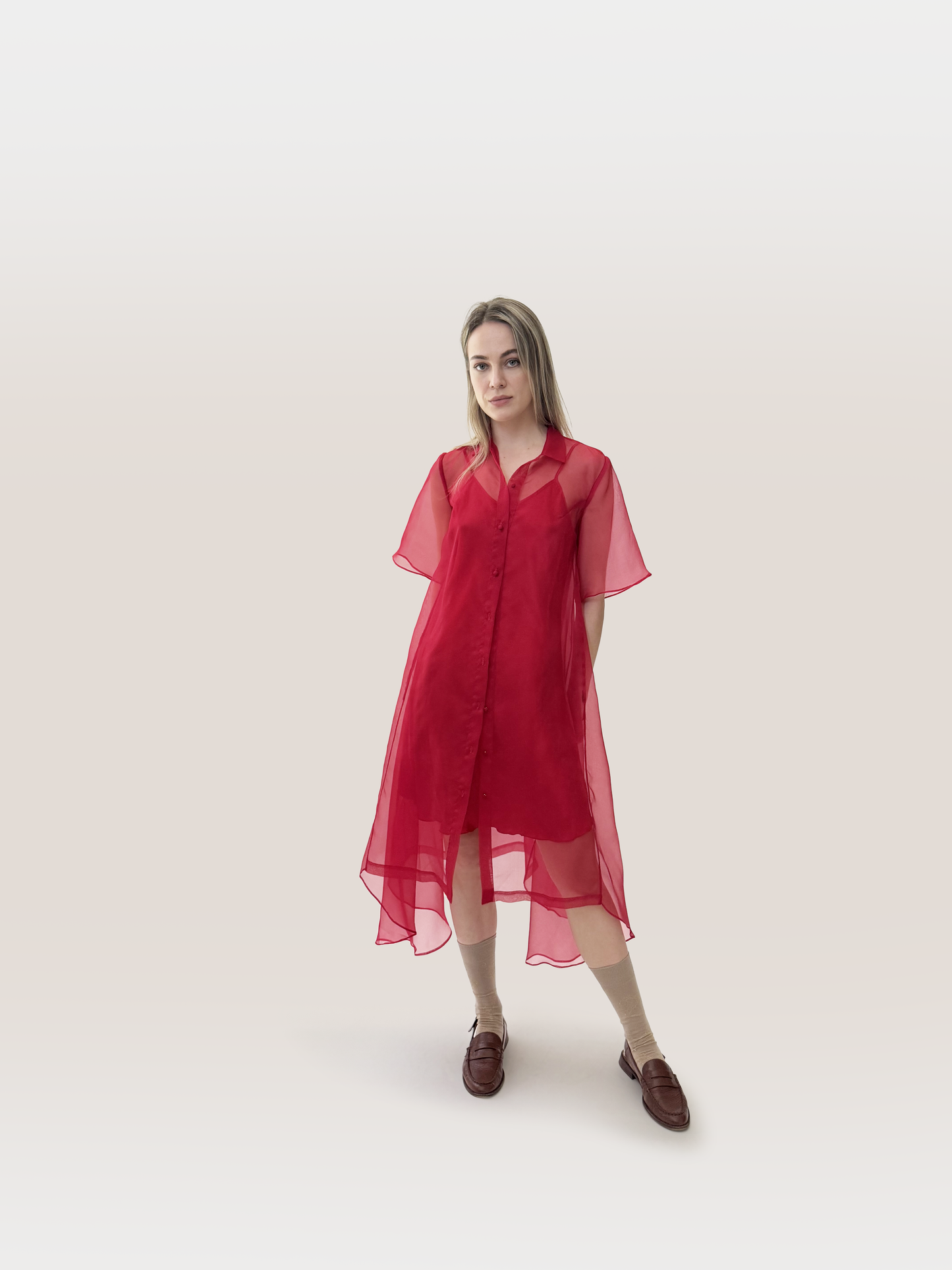 sheer amie dress, red dress, silk, handmade