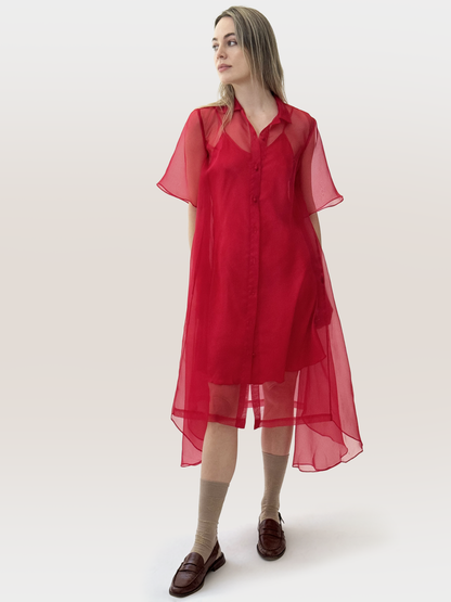 sheer amie dress, red dress, silk, handmade