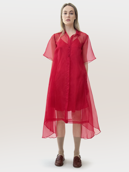 sheer amie dress, red dress, handmade