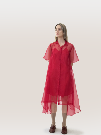 sheer amie dress, red dress, silk