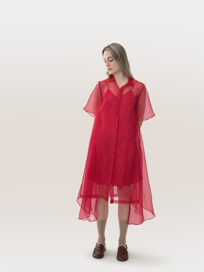 sheer amie dress, red dress, silk, handmade