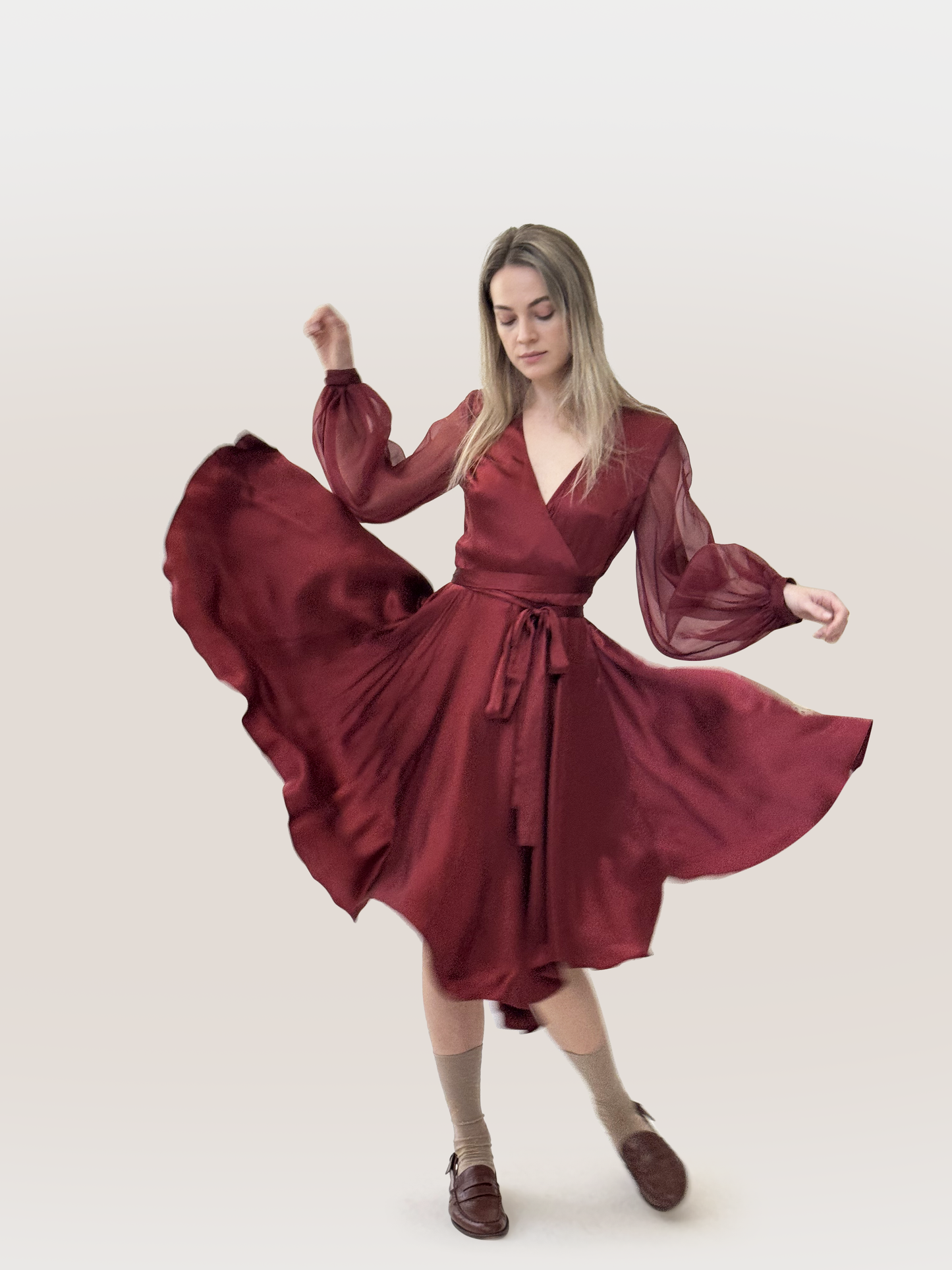 cintha draped wrap dress, wine dress, silk