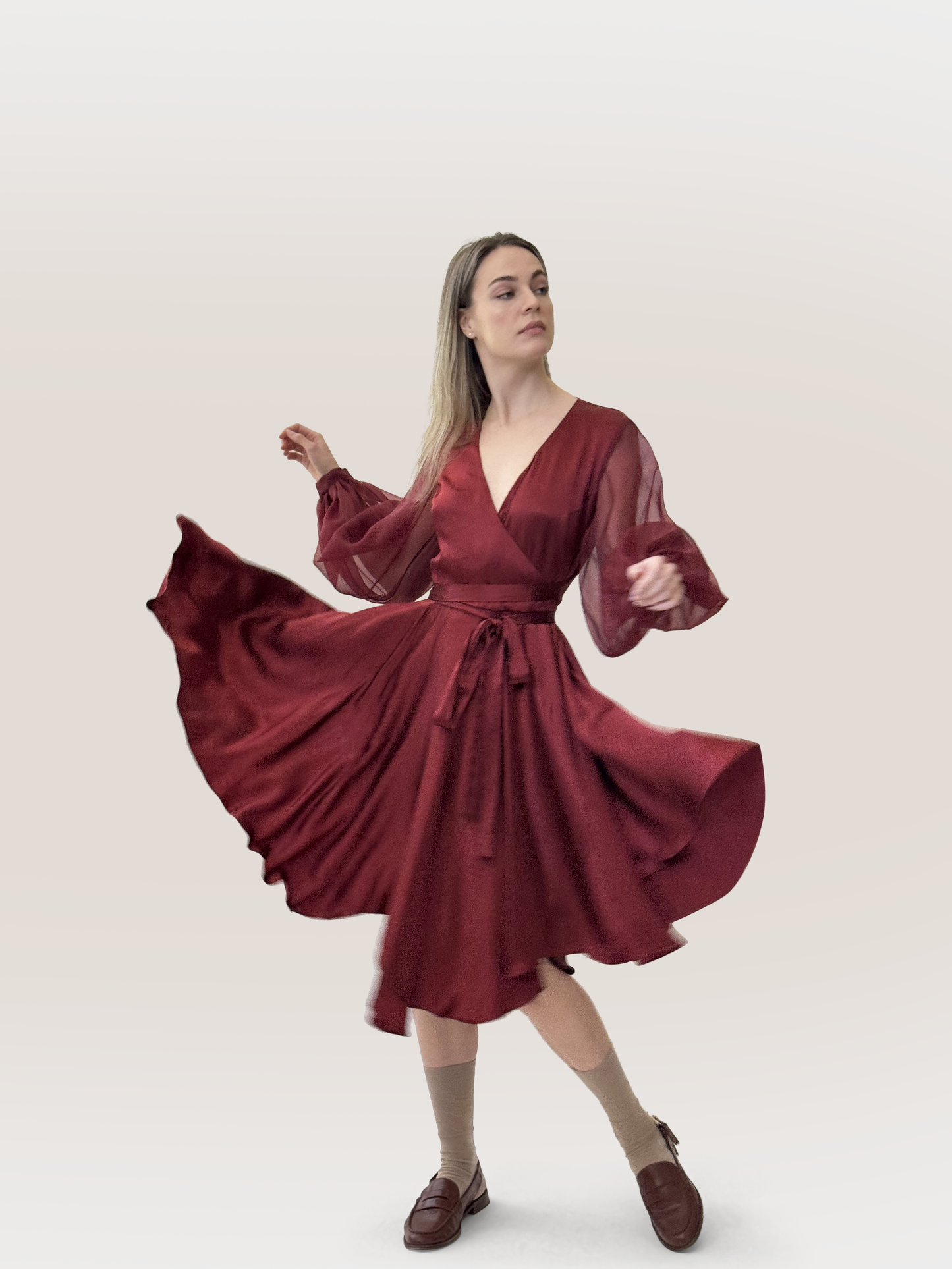 cintha draped wrap dress, wine dress, silk