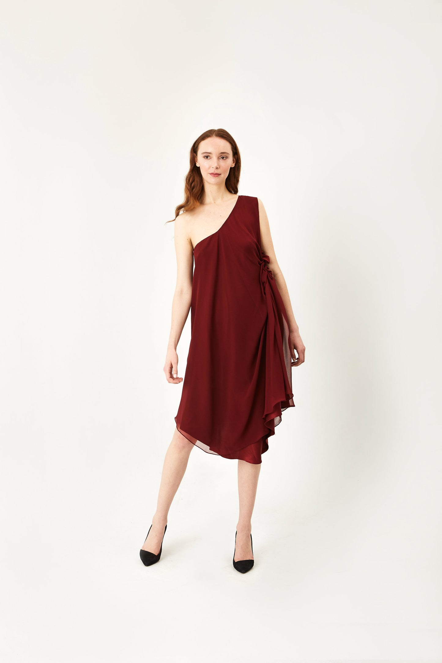 One Shoulder Midi Silk Chiffon Dress