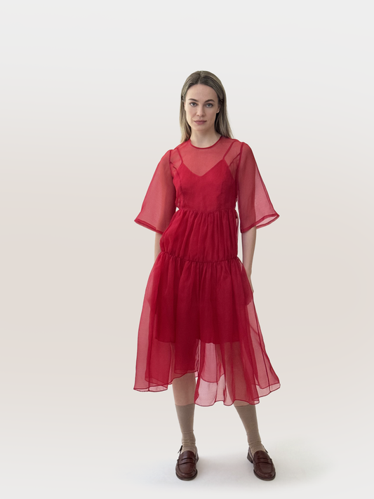 Cisaura Tiered Sheer Dress, Crimson