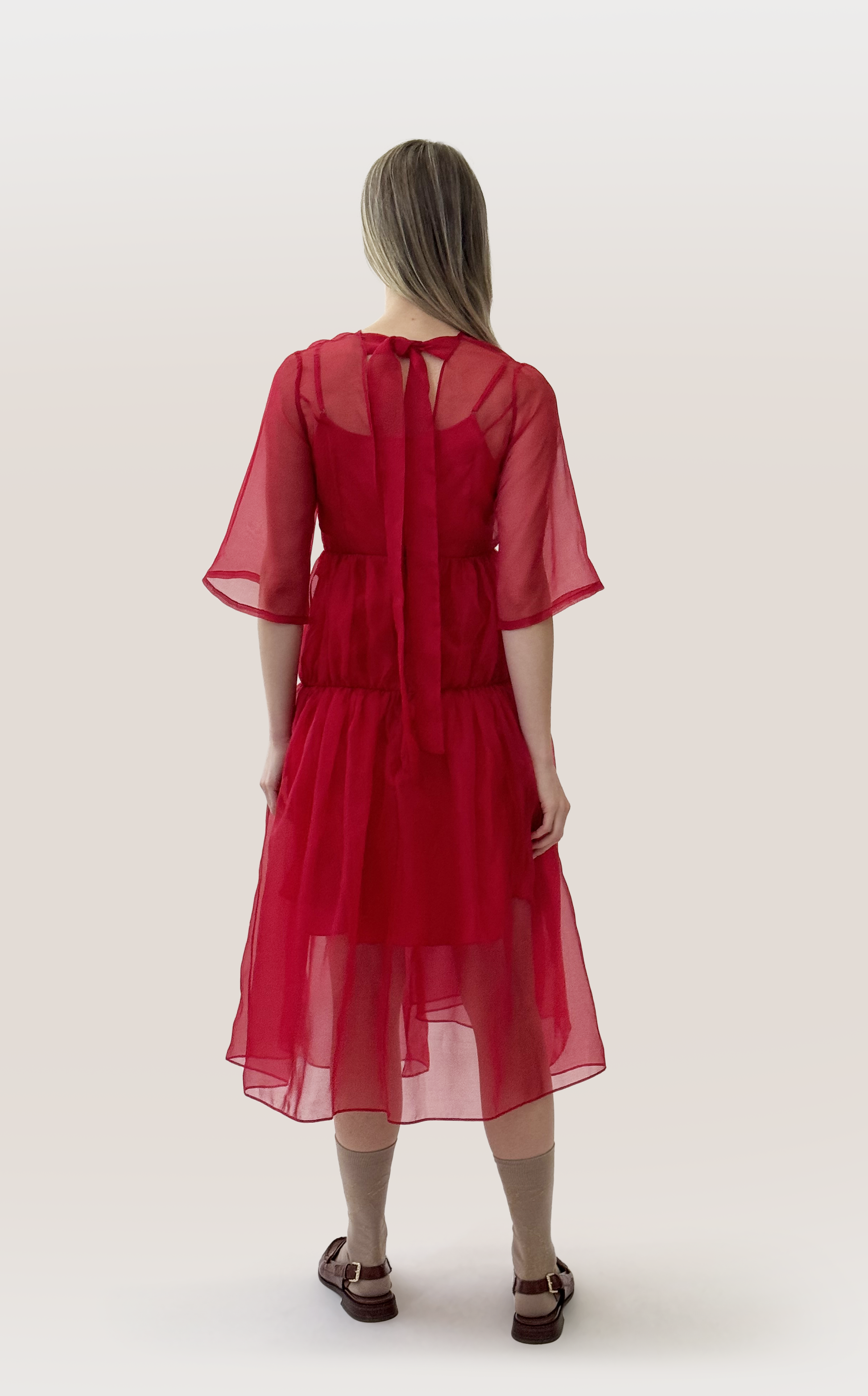 Cisaura Tiered Sheer Dress, Crimson