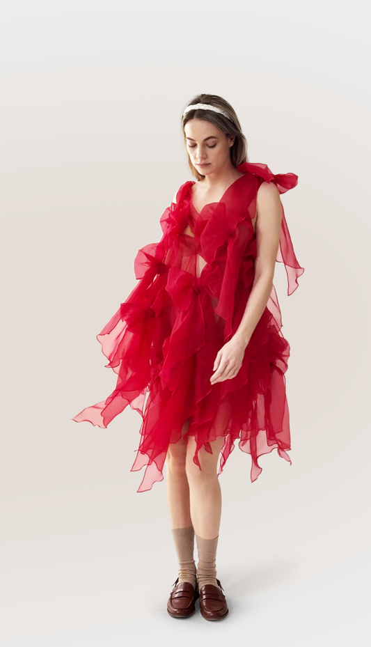 gossamer bow drip dress, red dress