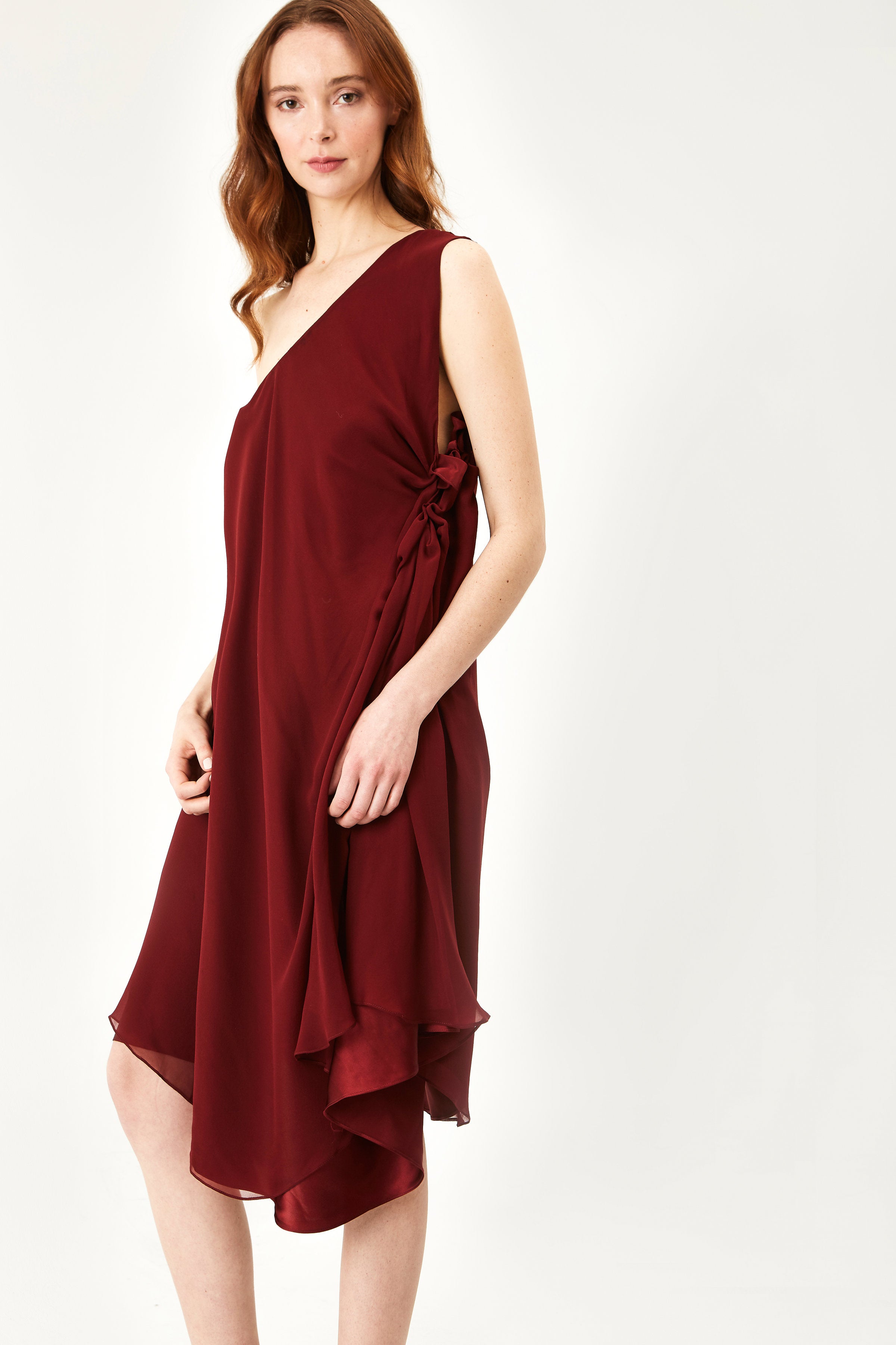 One Shoulder Midi Silk Chiffon Dress