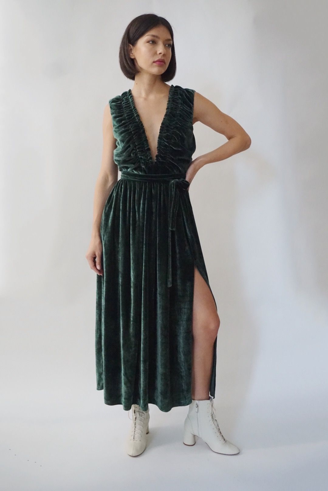 Helena Deep V Ruffled Dress in Velvet