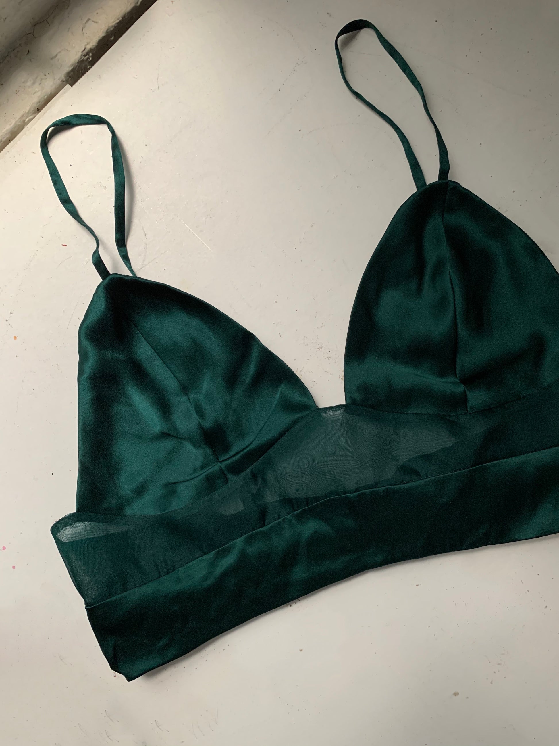 Emerald Green Silk Lehenga With Nude Bralette - The Little Black